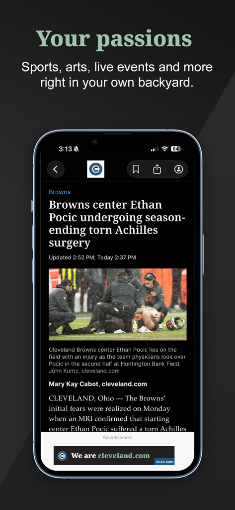 cleveland.com - Screenshot of the cleveland.com app displaying a local sports news article about the Cleveland Browns