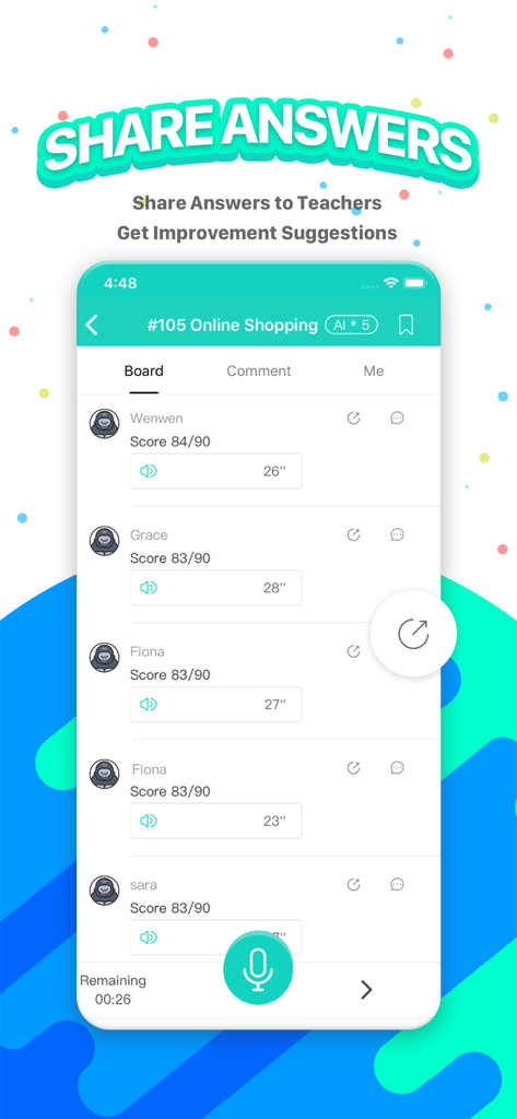 APEUni PTE app screen showing a community board where users share their speaking practice scores and answers for feedback