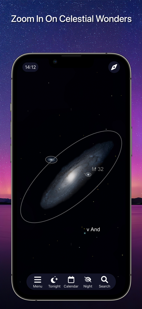 SkySafari - iPhone上のSkySafariアプリのインターフェース。夜空の銀河と星のクローズアップビュー。