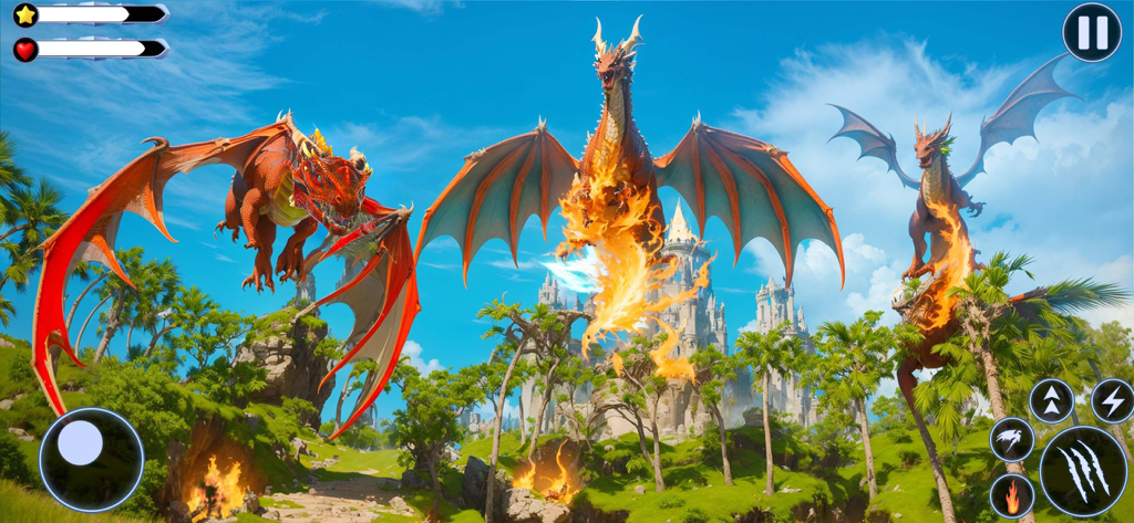 Virtual Dragon Family Sim 3D - Três dragões 3D voando sobre uma paisagem tropical com um castelo e interface do jogo