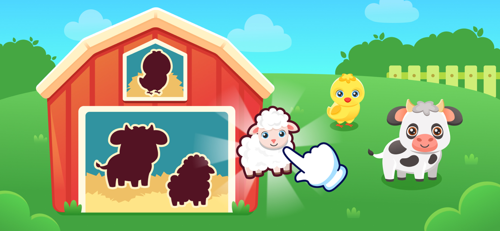 羊が赤い納屋のシルエットに合わせられている幼児向けゲームのシーン。牛とひよこが近くにいる。