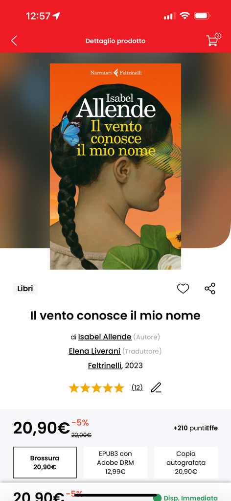 Feltrinelliアプリの製品詳細画面。イサベル・アジェンデの本が価格と形式とともに表示されています。