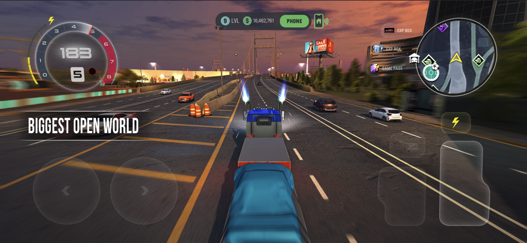 Turbo Tornado: Open World Race - Blue truck driving on a large highway in the Turbo Tornado open world racing game