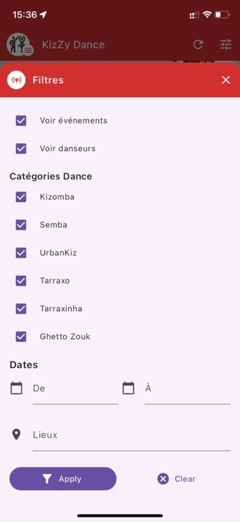 KizZy - KizZy app filter screen for selecting dance categories like Kizomba and finding local events or dancers