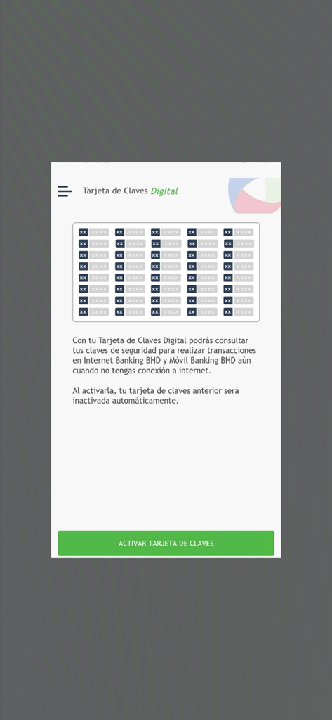 Tarjeta de Claves Digital BHD - Activation screen of the Tarjeta de Claves Digital BHD app showing a digital security key grid and an activation button