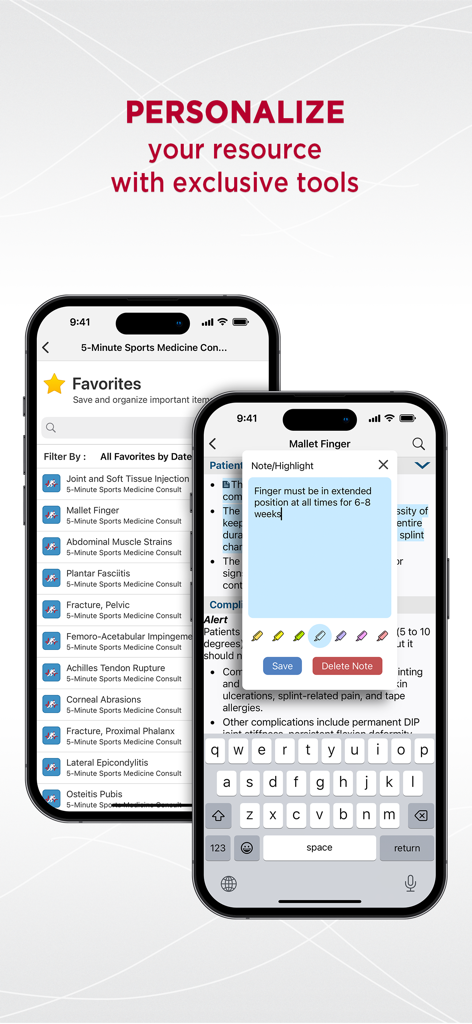 Telas do iPhone mostrando a lista de favoritos e os recursos de anotações clínicas personalizadas no aplicativo 5 Minute Sports Med Consult