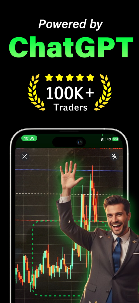 TraderKit - Trading Assistant - Interfaz de la aplicación móvil TraderKit impulsada por ChatGPT, que muestra gráficos del mercado de valores y un hito de 100K usuarios.