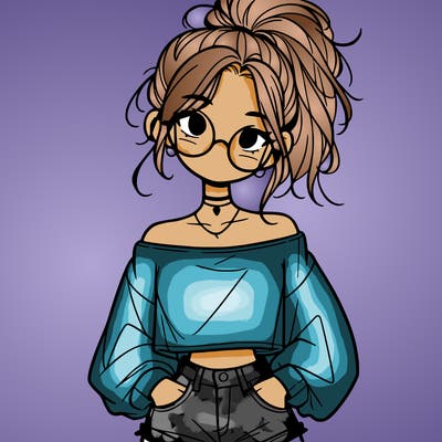 girl with a messy ponytail glasses a baggy crop top and jean shorts