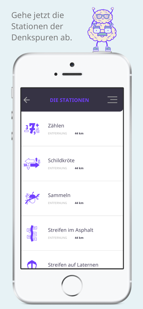 The Denkspur app interface showing a list of cognitive exercise stations on a walking trail