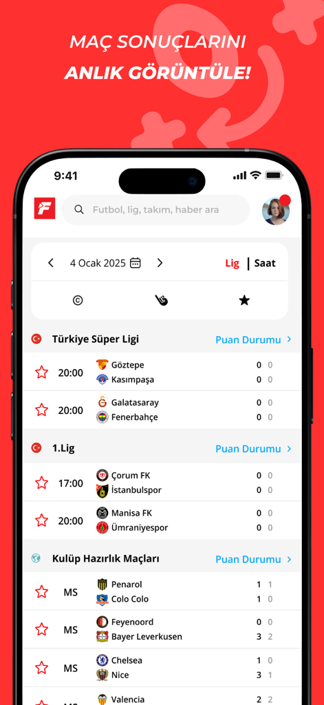 Fanatik: Breaking Sport News - Fanatik mobile App-Oberfläche mit Live-Fußballergebnissen und anstehenden Spielen für türkische Ligen