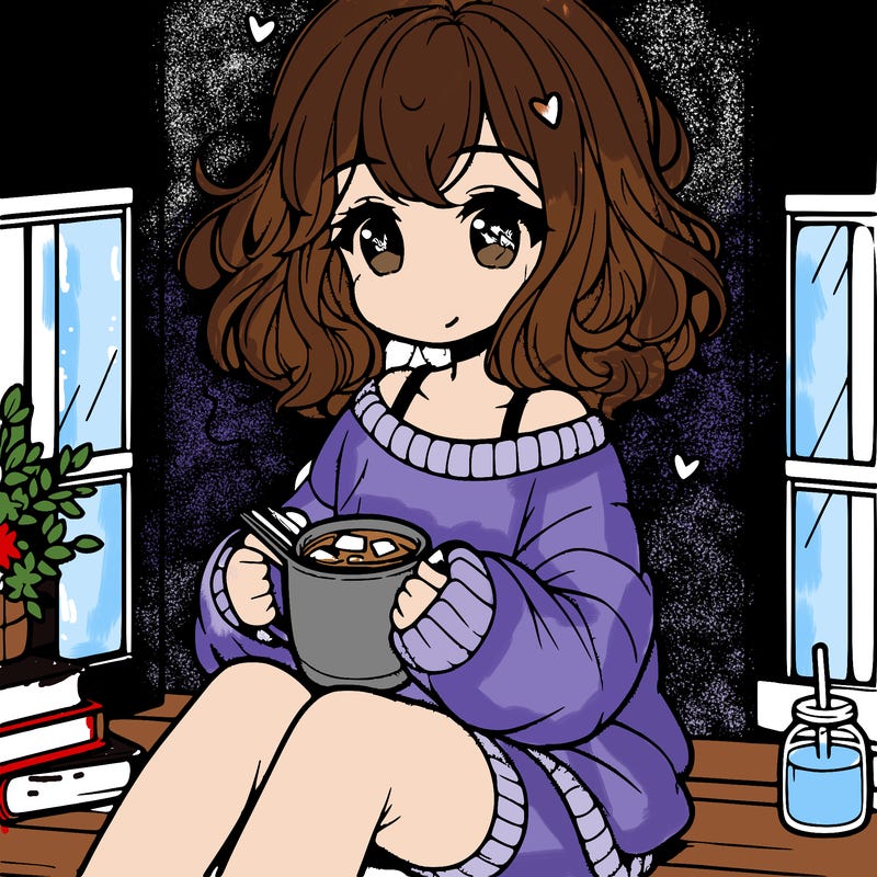 cute anime girl reading book and drinking hot chocolate from mug with loose wavy hair wearing a baggy sweatshirt and shorts sitting by windowsill looking out