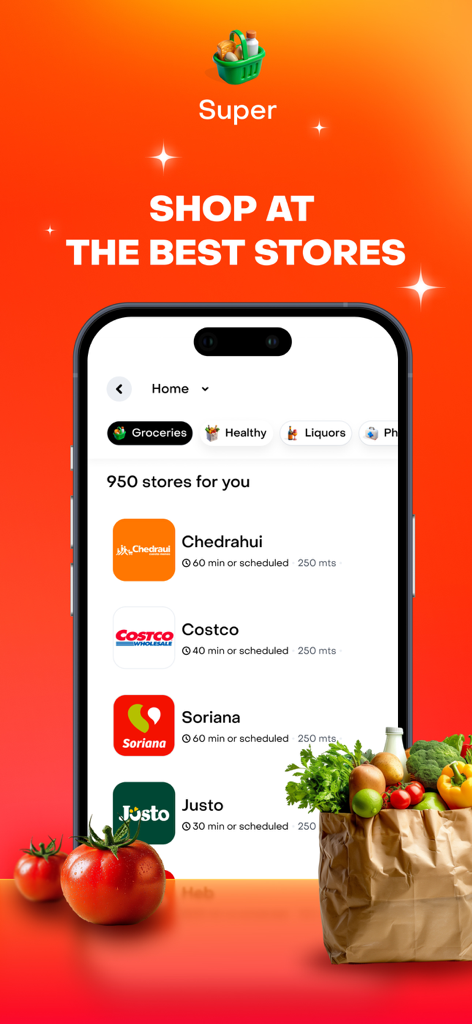 Rappi - Deliveries in Minutes - Smartphone screen showing the Rappi app supermarket section with various grocery store options like Costco and Soriana.
