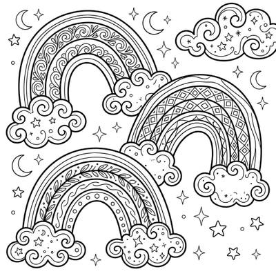 Dive into a world of color with our delightful monochrome rainbows coloring page designed especially for kids aged 4-8. Each rainbow boasts unique patterns, surrounded by playful clouds and sparkling stars, inviting young artists to bring them to life with their favorite hues.