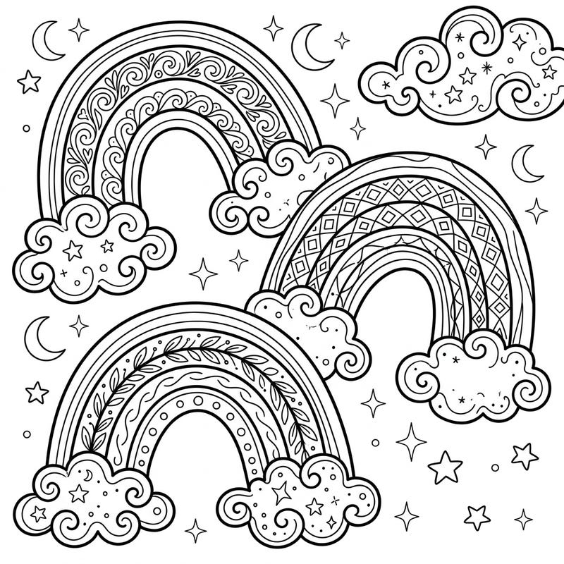 Dive into a world of color with our delightful monochrome rainbows coloring page designed especially for kids aged 4-8. Each rainbow boasts unique patterns, surrounded by playful clouds and sparkling stars, inviting young artists to bring them to life with their favorite hues.