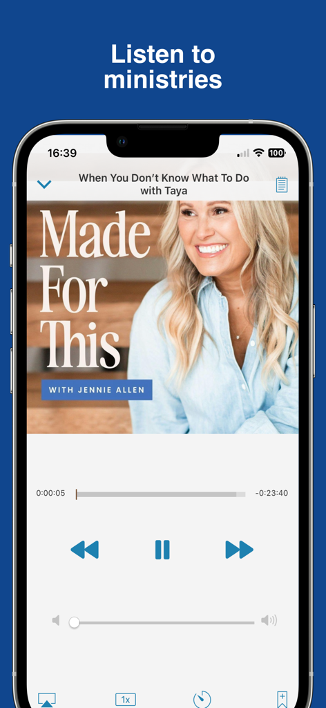 Bible: Read, Listen Holy Bible - A mobile interface of the Bible app showing a podcast player for listening to Christian ministries