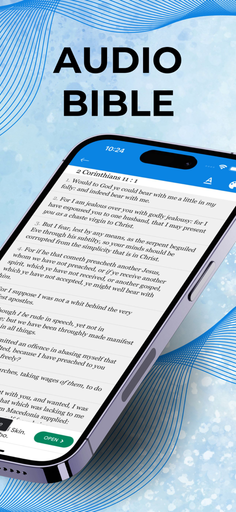 Smartphone screen showing the text of 2 Corinthians inside the Audio Bible mobile app with a decorative blue background.