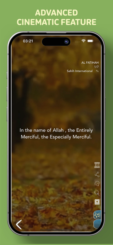 Offline Quran Audio Reader Pro - Smartphone screen showcasing the advanced cinematic feature of the Offline Quran Audio Reader Pro app with an English translation of Surah Al Fatihah