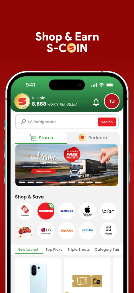 Senheng: Electronics & More - Senheng app home screen featuring S-Coin balance and official brand stores for electronics