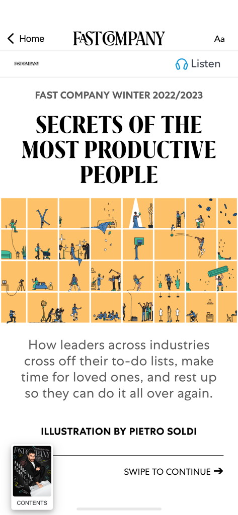 Fast Company Magazine App - Artikel mit dem Titel Secrets of the Most Productive People mit einem Raster von Illustrationen in der Fast Company App.
