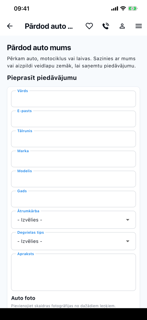 CarBuy - CarBuy mobile app form for users to sell their vehicles including fields for car details and photo uploads
