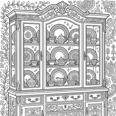 Step into a world of refined beauty with this exquisite china cabinet coloring page. Explore intricate patterns on elegant dinnerware and furniture, promising hours of detailed artistic enjoyment.