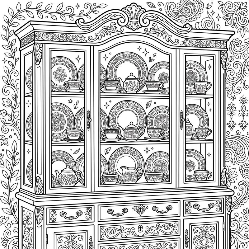 Step into a world of refined beauty with this exquisite china cabinet coloring page. Explore intricate patterns on elegant dinnerware and furniture, promising hours of detailed artistic enjoyment.