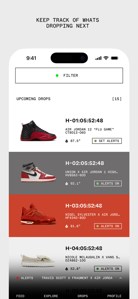 House of Heat - Interfaz de la app House of Heat mostrando una lista de próximos lanzamientos de zapatillas con temporizadores y configuraciones de alerta de lanzamiento.