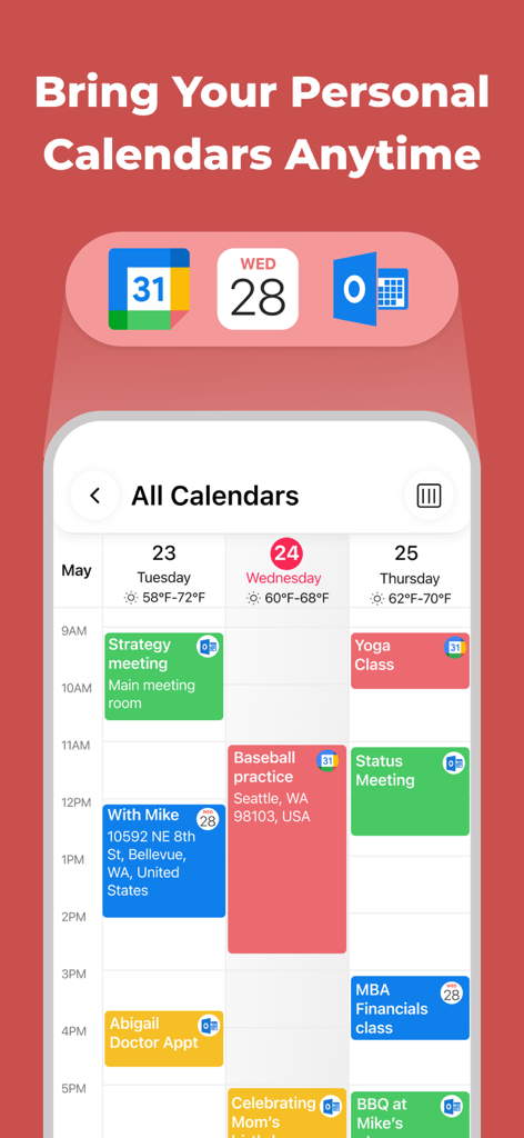 Bildschirm einer mobilen App, der integrierte Ereignisse aus Google-, Apple- und Outlook-Kalendern in einer einheitlichen Ansicht anzeigt