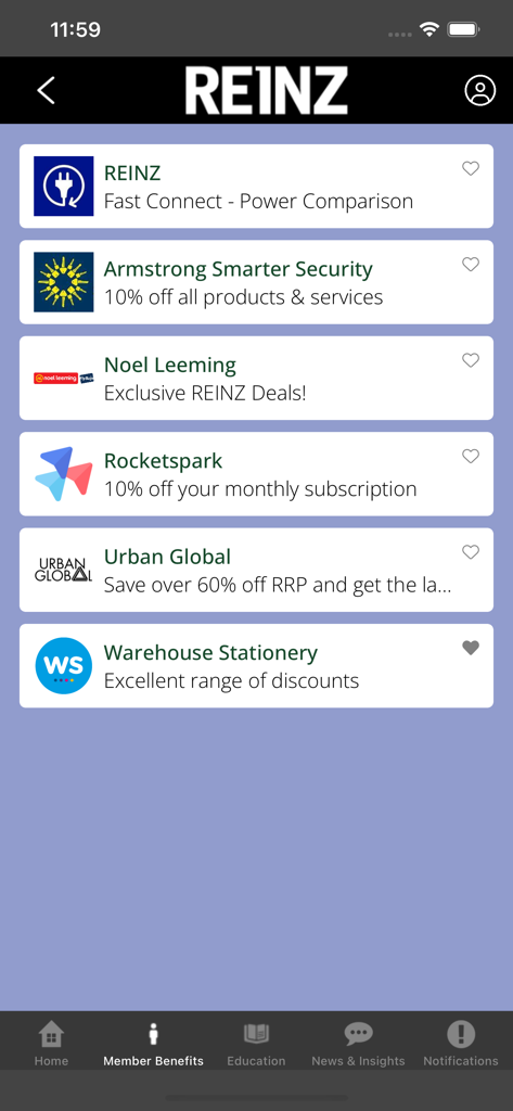 REINZ - REINZ mobile app screen displaying exclusive member benefits and partner discounts