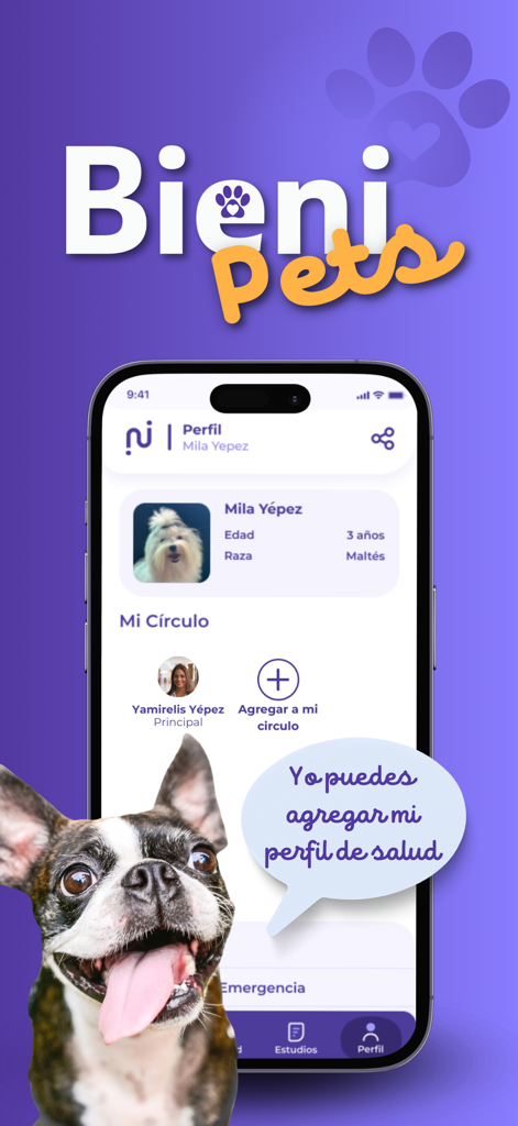 Bildschirm eines Mobiltelefons, der die Funktion 'Bieni Haustiere' zur Verwaltung von Gesundheitsprofilen und Unterlagen von Haustieren anzeigt