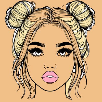 realistic girl with two buns on her hair and lips