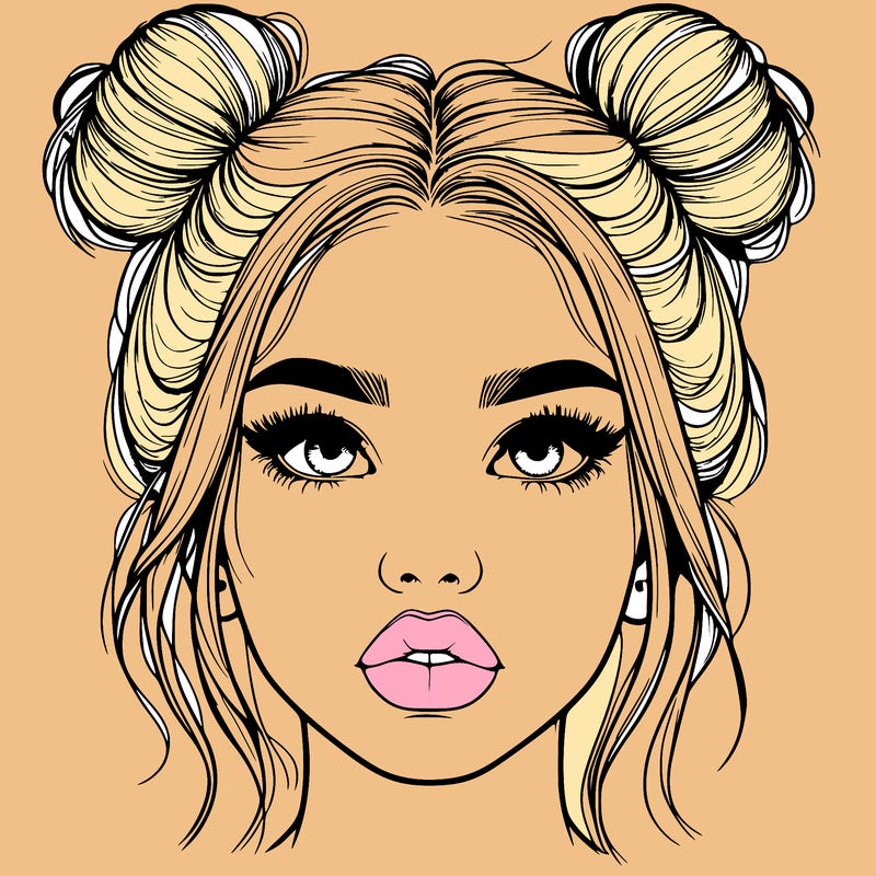 realistic girl with two buns on her hair and lips