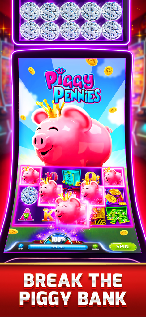 myKONAMI® Slots - Piggy Pennies slot machine interface featuring a large pink piggy bank with a crown in the myKONAMI Slots app