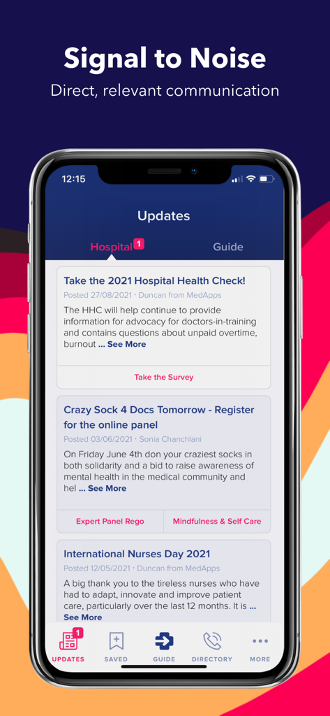 Med App - Med App smartphone interface showing hospital news updates and communication for clinical staff