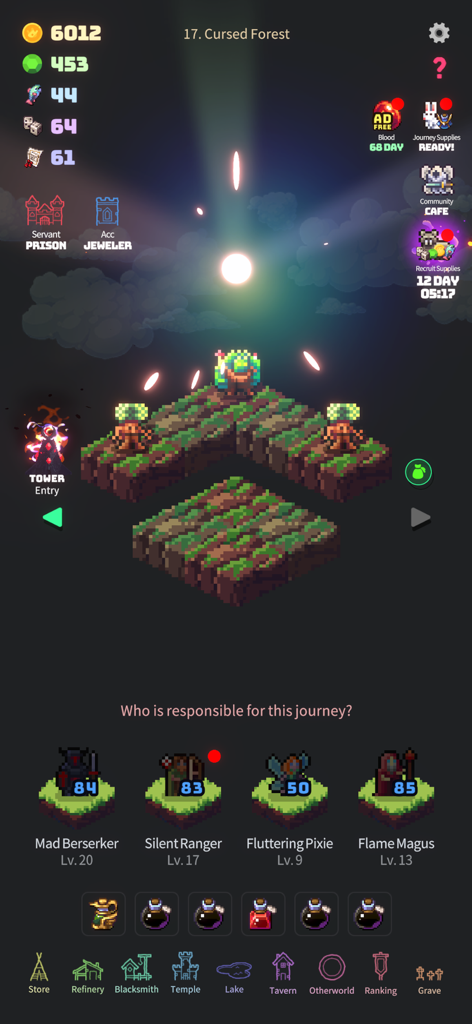 Blood Night : Chess RPG - Tela principal do jogo Blood Night Chess RPG com heróis em pixel art e tabuleiro tático da masmorra