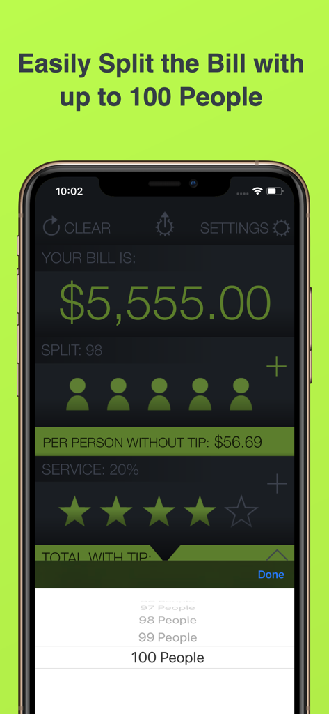 Tip Calculator % Tap Tip - 最大100人までの請求書分割を表示するTap Tipアプリインターフェイス。