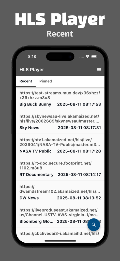 HLS Player - M3U8 Streamer - Interfaz de la aplicación HLS Player que muestra una lista de enlaces de transmisión M3U8 reproducidos recientemente en un iPhone