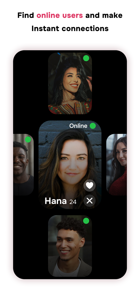Muslimeet app interface showing profiles of online users for instant connections