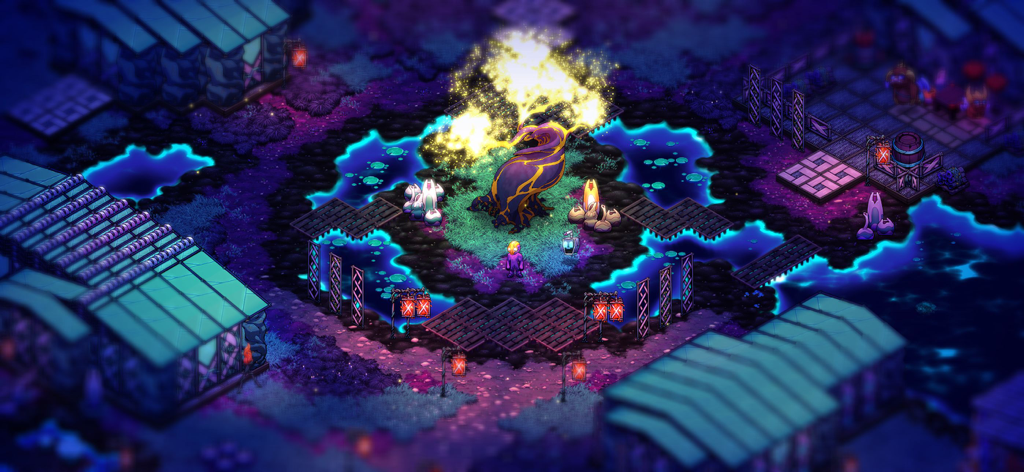 A character standing in a neon-lit alien base with a glowing golden tree in Crashlands 2
