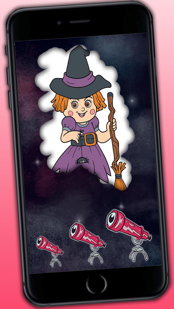 Educational Coloring book - Connect the dots then paint the drawings with magic marker - Pantalla de aplicación móvil que muestra una colorida bruja de dibujos animados y tres telescopios para que los niños pinten