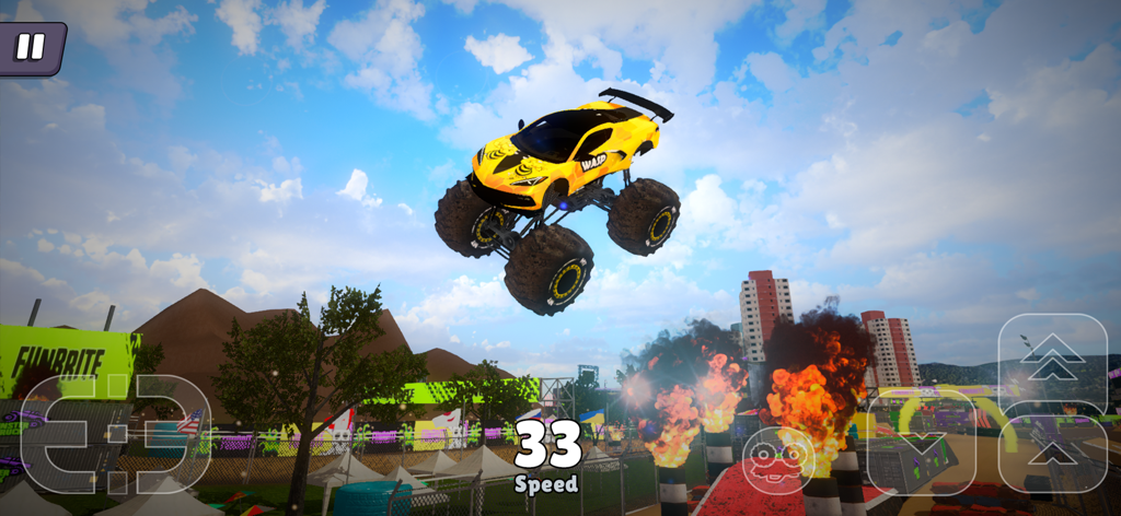 Off Road Mania: 4x4 Car Games - A yellow monster truck performs a high jump in a race track arena under a blue sky