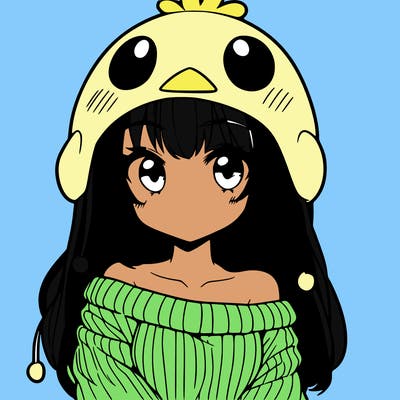 anime girl with chick shaped hat with sweater with bare shoulders with bangs covering them one eye with low tail