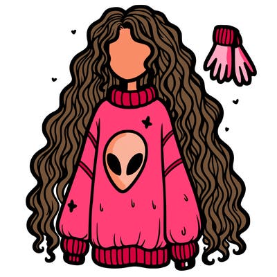 long curly hair, baggy sweater, gloves, alien on sweater