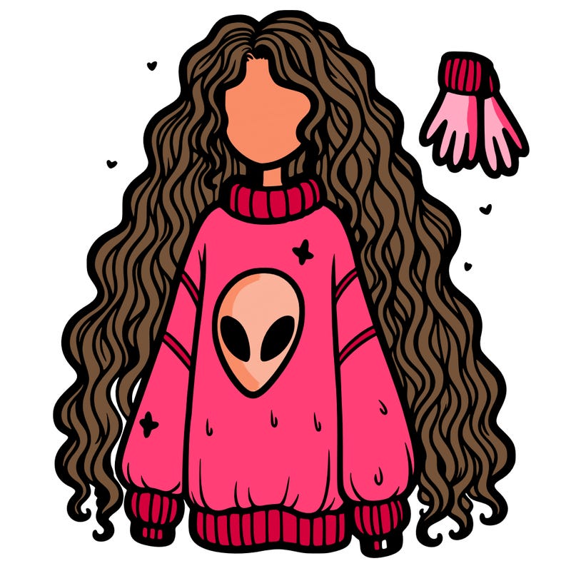 long curly hair, baggy sweater, gloves, alien on sweater