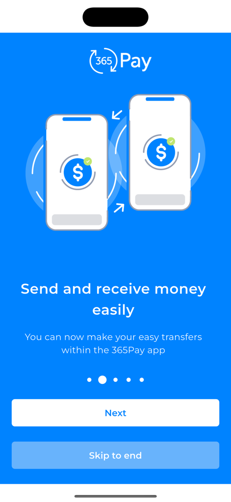 365Pay SV - Pantalla de incorporación de la aplicación móvil 365Pay SV que muestra una ilustración de transferencia de dinero y el texto Envía y recibe dinero fácilmente
