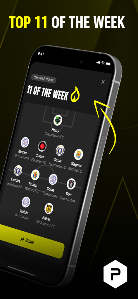 Prematch: Real Football - スマートフォンの画面。Prematchアプリの今週のトップ11アマチュアサッカーラインナップを表示。