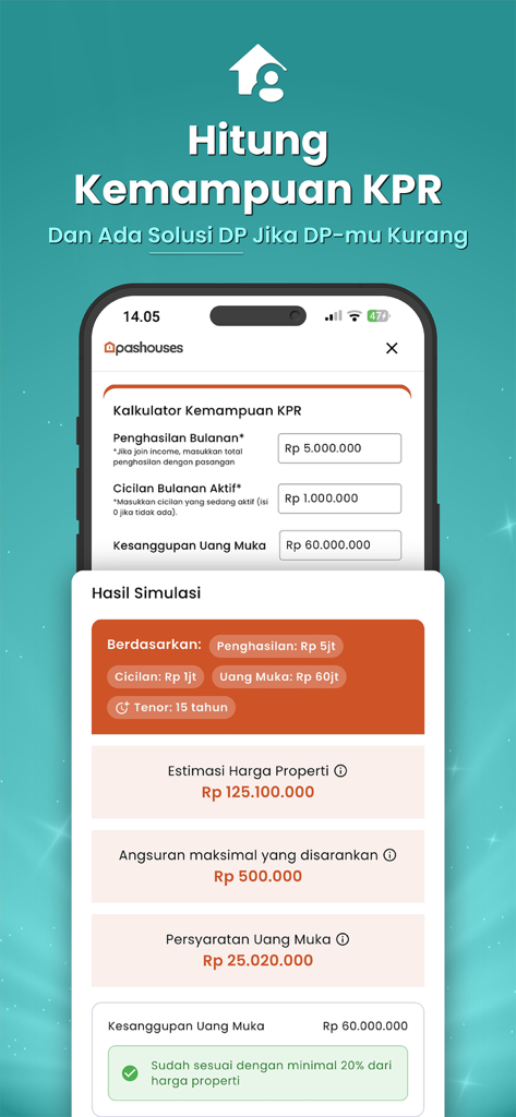 Pashouses: Rumah Siap Huni - Pashouses mobile app screen showing a KPR mortgage calculator with monthly income and down payment inputs