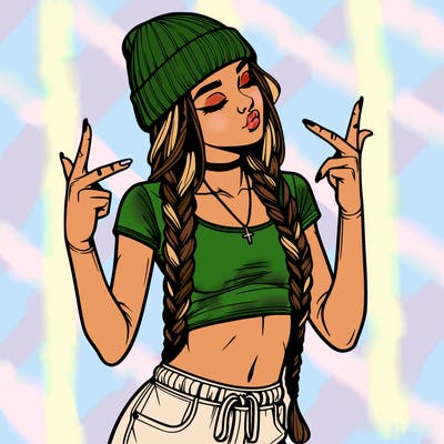 realistic teenage girl with braids and a beanie and crop top doing 🫶🏼