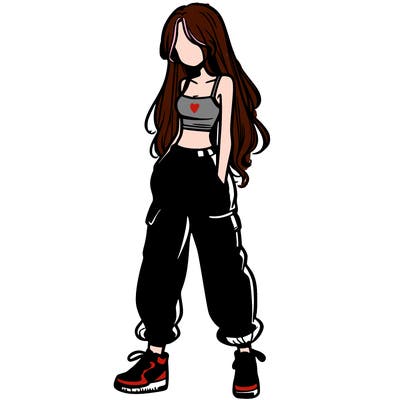 girl in baggy pants crop top and long hair