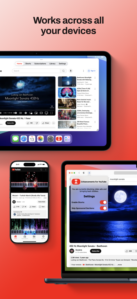 Enhancements For YouTube app interface displayed on iPhone iPad and MacBook with the headline Works across all your devices